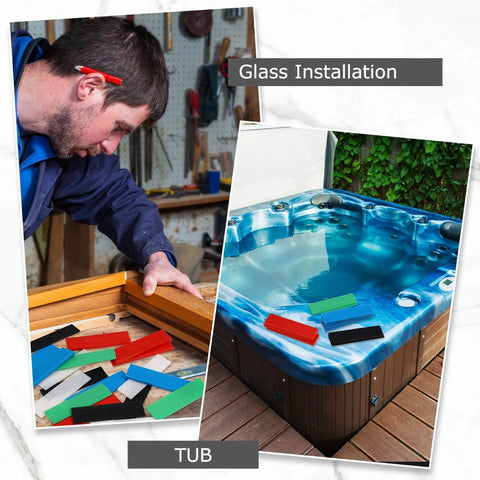 Man using 120 Pcs Plastic Flat Shims For Leveling Structural Tile And Surfaces Durable PP Material with hot tub installation in background