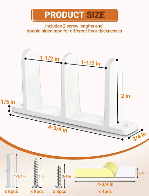Diagram of 4 Pack Plastic Siding Closet Door Floor Guide, Universal Fit for 1-3/8" Width Doors, showing dimensions and included parts.