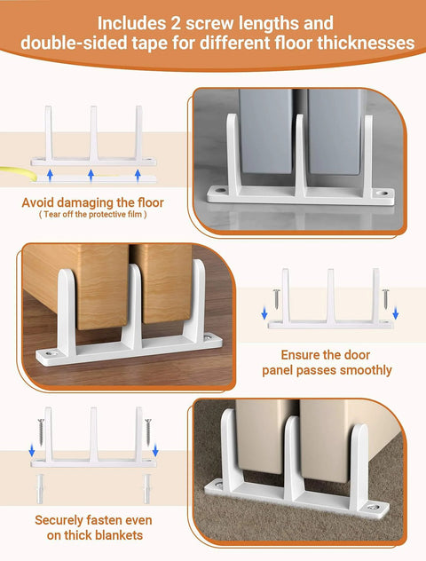4 Pack Plastic Siding Closet Door Floor Guide, Universal Fit for 1-3/8" Width Doors, shown with installation options