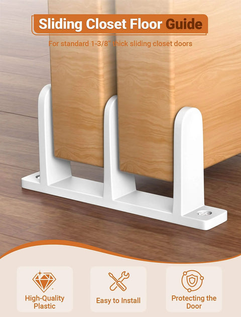 4 Pack Plastic Siding Closet Door Floor Guide, Universal Fit for 1-3/8" Width Doors, shown installed keeping doors stable.