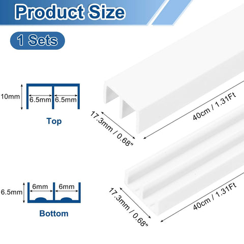 Diagram of Plastic Sliding Door Track For One Quarter Inch Thick Panels Forty Centimeter Total Length White Upper Rail And Lower Rail Set dimensions.