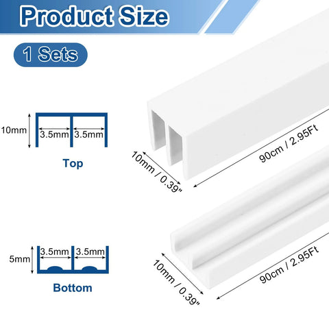 Plastic Sliding Door Track Kit For One Eighth Inch Panels White Upper Rail And Lower Rail 2.95ft Long 90cm size diagram