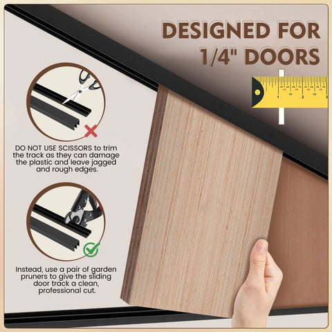 Person holding quarter inch panel next to two sets of four feet plastic sliding door track system for one quarter inch glass panels in cabinets with upper and lower tracks matte black finish PVC durable low noise sliding track for easy installation and seamless operation