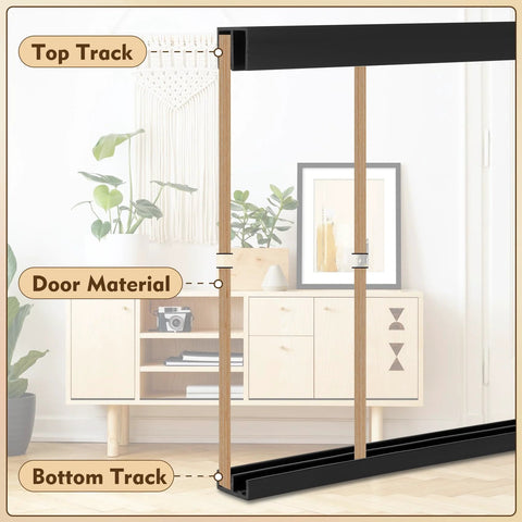 Two Sets Of Four Feet Plastic Sliding Door Track System For One Quarter Inch Glass Panels In Cabinets With Upper And Lower Tracks Matte Black Finish PVC Durable Low Noise Sliding Track For Easy Installation And Seamless Operation image showing matte black tracks with wooden door material.