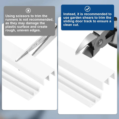 Plastic Sliding Door Track For One Quarter Inch Thick Panels Forty Centimeter Total Length White Upper Rail And Lower Rail Set For Small Bypass Closet Doors Glass Cabinet Window Track Hardware showing trimming guide.