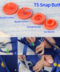 400 Snap Button Sets With Snap Pliers T5 Plastic Snaps No Sew Fasteners For Clothing Diapers Bibs Raincoats Crafting In 20 Colors Includes 800 Caps 400 Sockets 400 Studs Plus Storage Bags, close-up of red and yellow snaps with pliers in use.