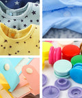 All In One Plastic Snap Kit With Pliers From TmppDeco, 460 Snap Sets In 24 Colors For Sewing Clothing And Crafting, shown in use on fabric