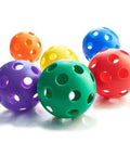 Colorful plastic play balls in blue, green, orange, purple, red, perfect for training; Plastic Play Balls - Softball Size (Set of 6).