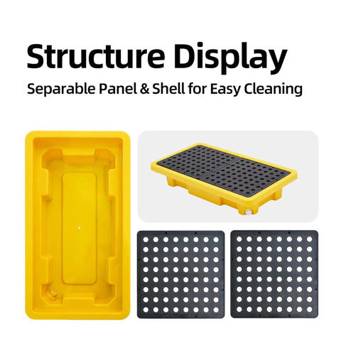 Spill Containment Pallet Set For Two Drums With Drain Outlet, Heavy Duty Plastic Platform, showing separable panel and shell display.