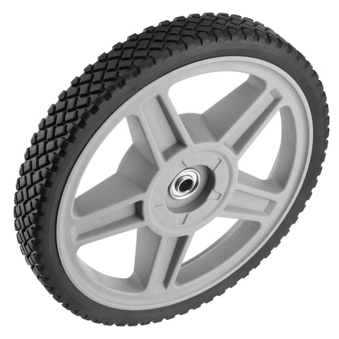 Close-up of 2 Pack 12 x 1.7 Inch Plastic Spoked Wheels with 1/2 Inch Axle Bore, solid diamond tread replacement for utility carts.