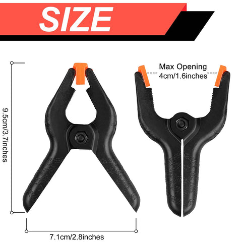 Two 3.5 inch heavy duty nylon plastic spring clamps with non-scratch grip and max opening size shown, 12 pack versatile for studios.