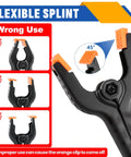 24 Pack 3.5 Inch Plastic Spring Clamps Black Heavy Duty Clips with flexible grippers and wrong use examples.