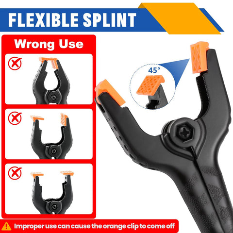 24 Pack 3.5 Inch Plastic Spring Clamps Black Heavy Duty Clips with flexible grippers and wrong use examples.