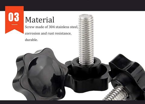 Close-up of M6 x 30mm Plastic Clamping Knobs Set With Thumb Screws And Star Knobs Hand Tightening Screws, corrosion resistant material.