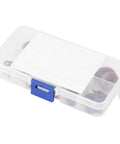 Plastic storage box containing stainless steel Belleville disc springs for heavy loads and shock absorption