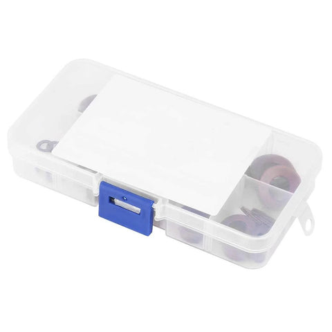 Plastic storage box containing stainless steel Belleville disc springs for heavy loads and shock absorption