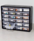 24-Drawer Plastic Storage Cabinet For Garage Organization And Craft Storage, Small Parts Organizer, black, on tabletop.