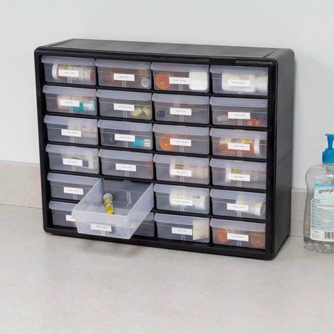 24-Drawer Plastic Storage Cabinet For Garage Organization And Craft Storage, Small Parts Organizer, black, on tabletop.