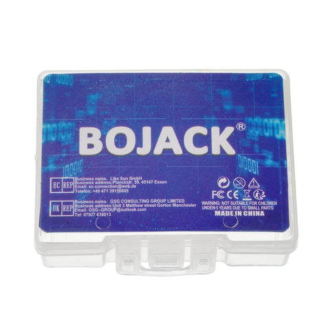 Plastic case labeled 'BOJACK' containing 50 Amp High Current Auto Fuse Pack Of 3 Bolt On Fuses For Cars, Trucks, RVs, Buses, Caravans And Construction Vehicles With Tin Plated Terminals, Quick Response Protection And Durable High Temp Body For Your Ride And Rig.