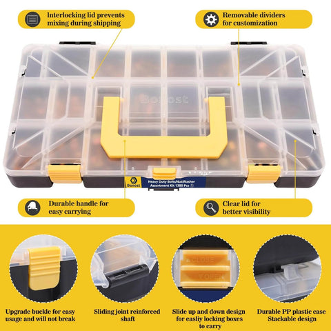 Plastic organizer box with yellow latch for 1380pcs Nuts and Bolts Assortment Kit - Heavy Duty Grade 8.8 Metric M4 M5 M6 M8 Bolt Set