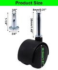 1.5 Inch Plastic Swivel Casters Set Of 4 With M8 Neck Stem 360 Degree Rotation Black Nylon Replacement Wheels shown with dimensions