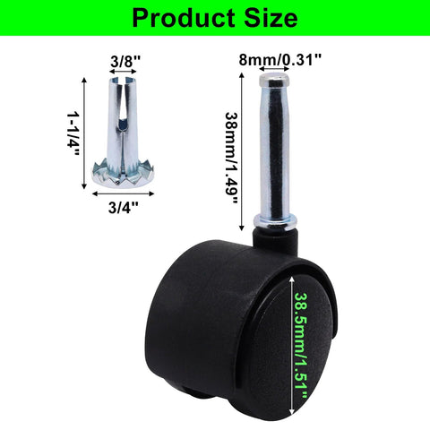 1.5 Inch Plastic Swivel Casters Set Of 4 With M8 Neck Stem 360 Degree Rotation Black Nylon Replacement Wheels shown with dimensions