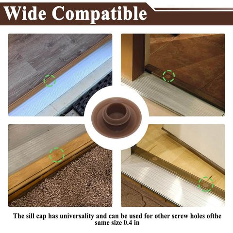 Collage showing 20Pcs Threshold Screw Covers for Door Sill Cap used in various door sills.