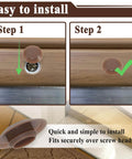 Installation steps for 20Pcs Threshold Screw Covers for Door Sill Cap, showing snap-on method for plastic door threshold plugs.