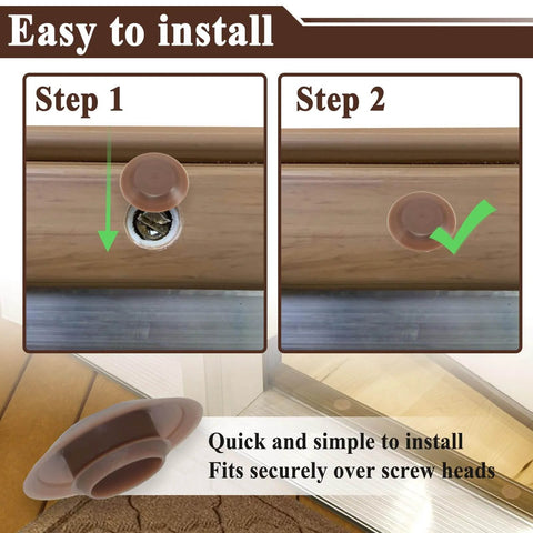 Installation steps for 20Pcs Threshold Screw Covers for Door Sill Cap, showing snap-on method for plastic door threshold plugs.