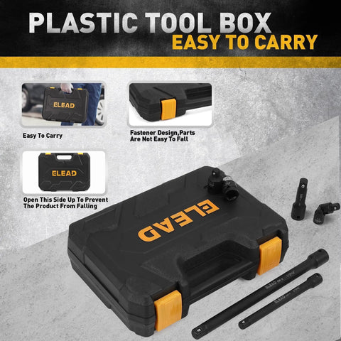 Heavy Duty Chrome Vanadium Socket Extension Set For Quarter Inch Drive, Three-Eighths Inch Drive And Half Inch Drives, 18-Piece Kit With Adapters, Swivel Joints, And Impact Coupler Built Tough For Pros in a black plastic tool box.
