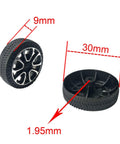 100pcs Plastic Toy Wheels 30mm Diameter with 2mm Shaft Hole for Car Truck Model Toys, Black and Silver, side and bottom view