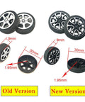 Comparison of old and new 100pcs Plastic Toy Wheels 30mm Diameter with 2mm Shaft Hole for Car Truck Model Toys.