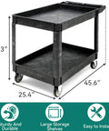 Heavy Duty Plastic Utility Cart With Wheels 550 Pound Capacity 45 By 25 Inch Rolling Cart With Two Shelves For Warehouse Garage School And Office Black front view