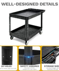 Heavy Duty 2 Shelf Plastic Utility Service Cart On Wheels With 550 Lb Capacity And 45 X 25 Inch Size Rugged Rolling Work Cart For Warehouse Garage School And Office Corrosion Resistant And Built Tough Black