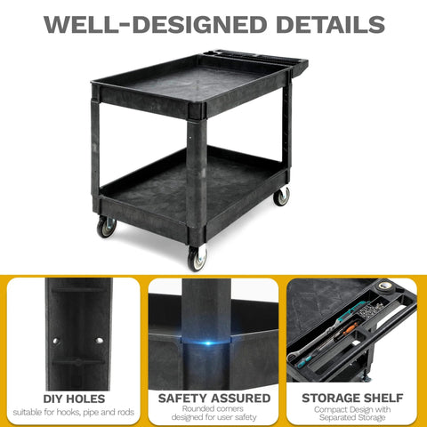 Heavy Duty 2 Shelf Plastic Utility Service Cart On Wheels With 550 Lb Capacity And 45 X 25 Inch Size Rugged Rolling Work Cart For Warehouse Garage School And Office Corrosion Resistant And Built Tough Black