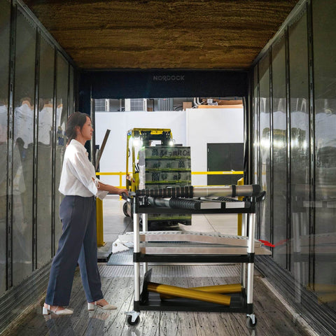 Heavy Duty Plastic Utility Cart With Locking Wheels And 550 Pound Capacity, Big Boss Restaurant Service Cart in use