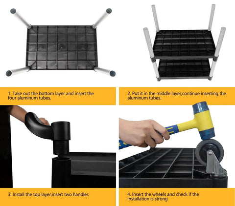 Assembly process of Heavy Duty Plastic Utility Cart With Wheels 510 Lb Capacity Three Tier Rolling Service Cart