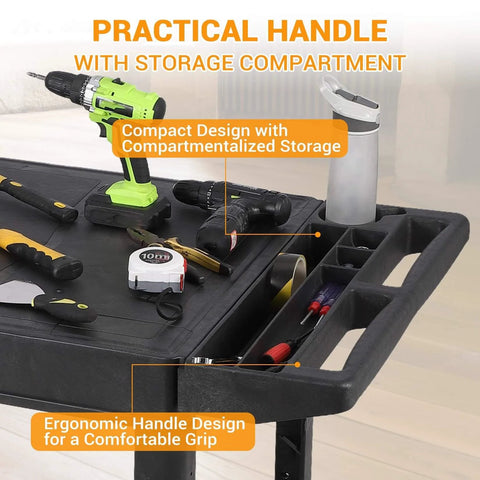 Beefy Heavy Duty Plastic Utility Cart With Flat Top And Two Shelves, showing tools on work surface and built-in storage