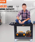 Beefed Up Heavy Duty 2 Shelf Utility Cart With 550 Lbs Capacity Plastic Rolling Service Cart with man seated for demonstration