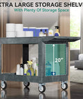 Heavy Duty 2 Tier Plastic Utility Cart With Deep Shelves And 360 Degree Swivel Wheels For Garage Warehouse Office And Cleaning Tasks 45 X 25 Inch Gray, filled with cleaning supplies and paper towels