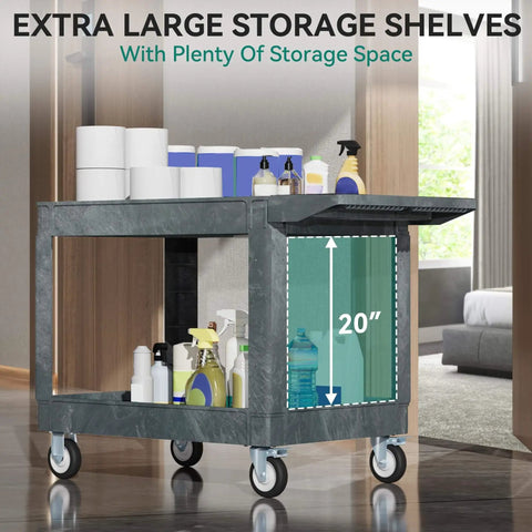 Heavy Duty 2 Tier Plastic Utility Cart With Deep Shelves And 360 Degree Swivel Wheels For Garage Warehouse Office And Cleaning Tasks 45 X 25 Inch Gray, filled with cleaning supplies and paper towels