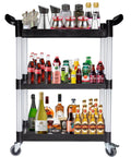 Heavy Duty Plastic Utility Cart With Wheels 510 Lb Capacity Three Tier Rolling Service Cart For Office Kitchen Restaurant Garage And Warehouse Locking Wheels Black holding beverages and condiments
