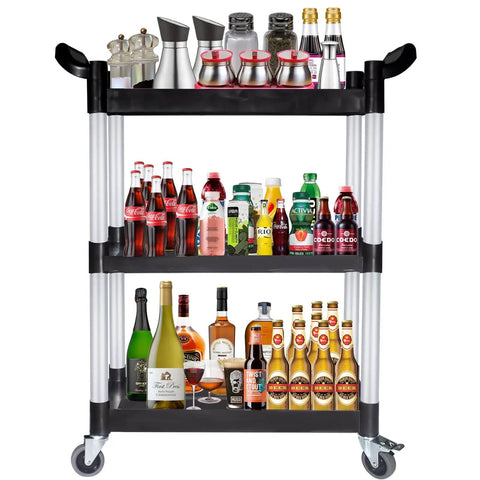 Heavy Duty Plastic Utility Cart With Wheels 510 Lb Capacity Three Tier Rolling Service Cart For Office Kitchen Restaurant Garage And Warehouse Locking Wheels Black holding beverages and condiments