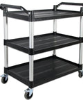 Heavy Duty Plastic Utility Cart With Locking Wheels And 550 Pound Capacity, Big Boss Restaurant Service Cart For Foodservice, Office And Warehouse, Black, 40.15 By 19.29 By 38.97 Inches Abacad