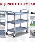 Heavy Duty 3 Tier Plastic Utility Cart With Wheels For Commercial Kitchen Office And Catering Thirty Nine And A Half Inch Long By Nineteen And A Quarter Inch Wide Rolling Service Cart With Lockable Wheels Six Hundred Pound Capacity Durable Transport Cart front view.