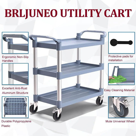 Heavy Duty 3 Tier Plastic Utility Cart With Wheels For Commercial Kitchen Office And Catering Thirty Nine And A Half Inch Long By Nineteen And A Quarter Inch Wide Rolling Service Cart With Lockable Wheels Six Hundred Pound Capacity Durable Transport Cart front view.