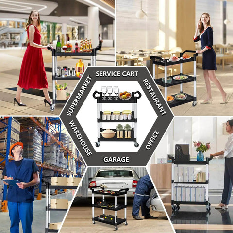 Heavy Duty Plastic Utility Cart With Wheels 510 Lb Capacity Three Tier Rolling Service Cart for various environments