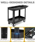 Heavy Duty Plastic Utility Cart On Wheels With 1000 Lb Capacity And 2 Shelves DWVO Rolling Service Cart for various uses