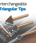 Interchangeable triangular tips for All In One Plastic Welder Kit with 110 Volt 60 Watt Welder includes 3 copper tips.