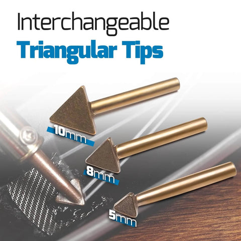 Interchangeable triangular tips for All In One Plastic Welder Kit with 110 Volt 60 Watt Welder includes 3 copper tips.